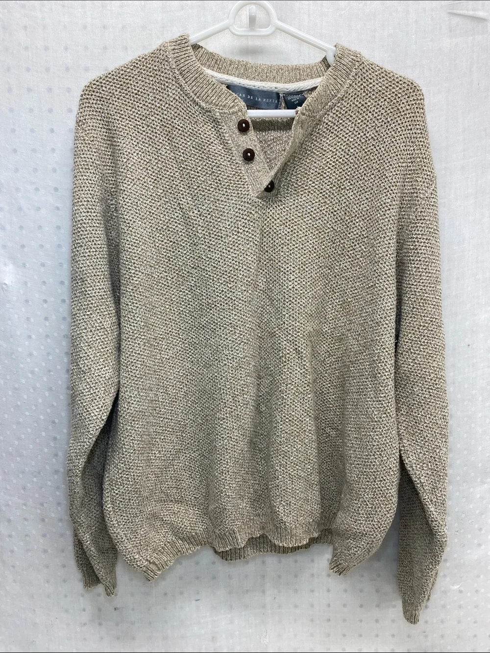 Oscar de la Renta Men's Beige Knit Henley Sweater Rugged Preppy Grandpacore USA